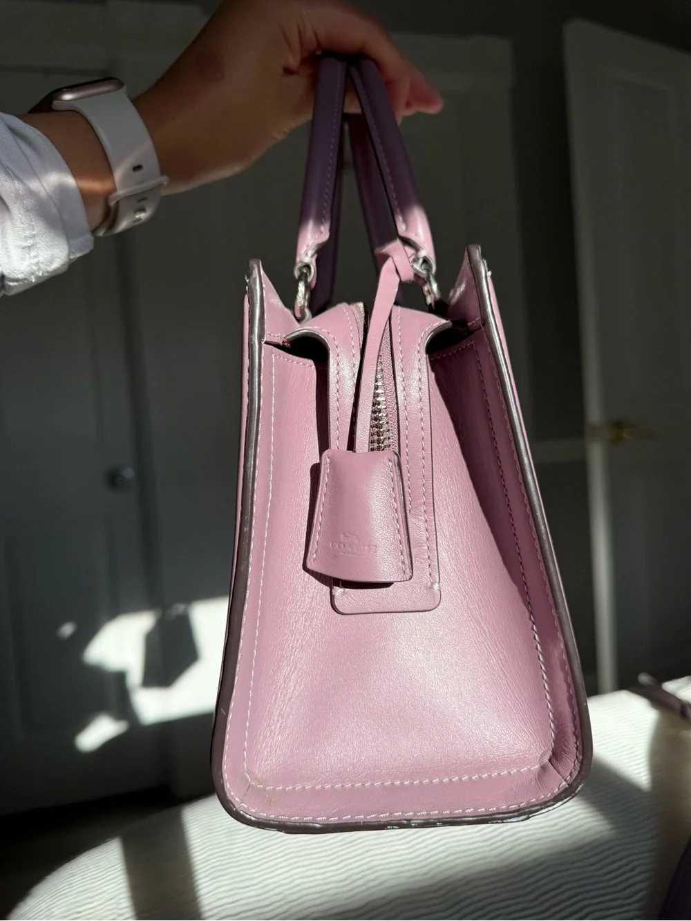 Coach Zoe Carryall Lilac Leather Satchel with Silver Padlock Charm